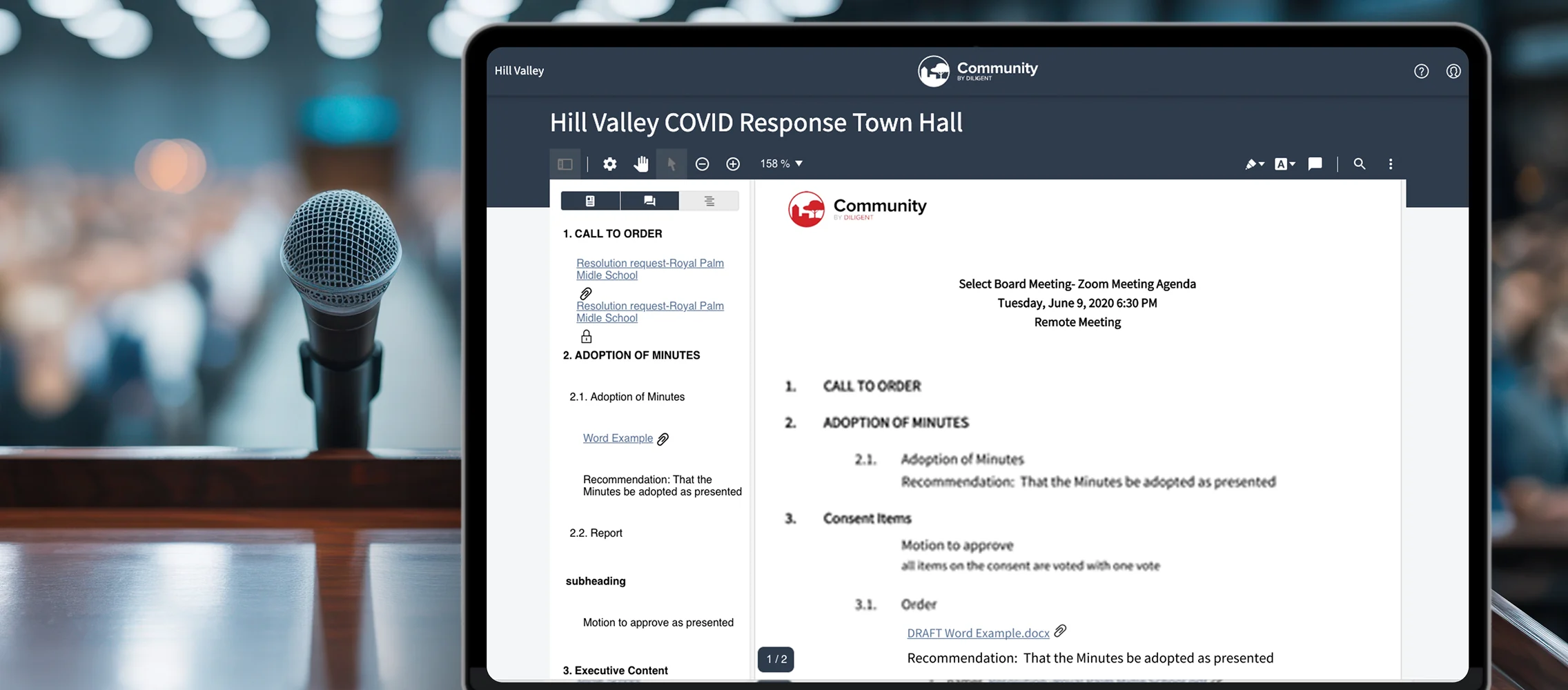A microphone at a town hall podium beside a laptop showing the Hill Valley COVID Response Town Hall agenda in Diligent Community.